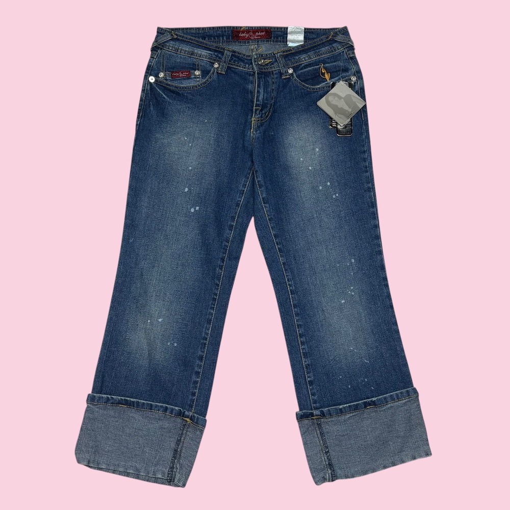 Baby Phat Womens Medium Wash Embroidered Cat Logo Cuffed Crop Jeans Size 9 NEW
